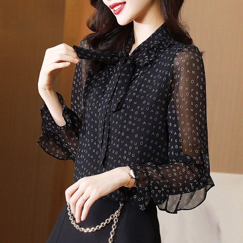 

Летняя блузка из шифона с цветочным принтом, женская свободная стильная рубашка с длинным рукавом и завязками для мам среднего возраста 4XL чёрный