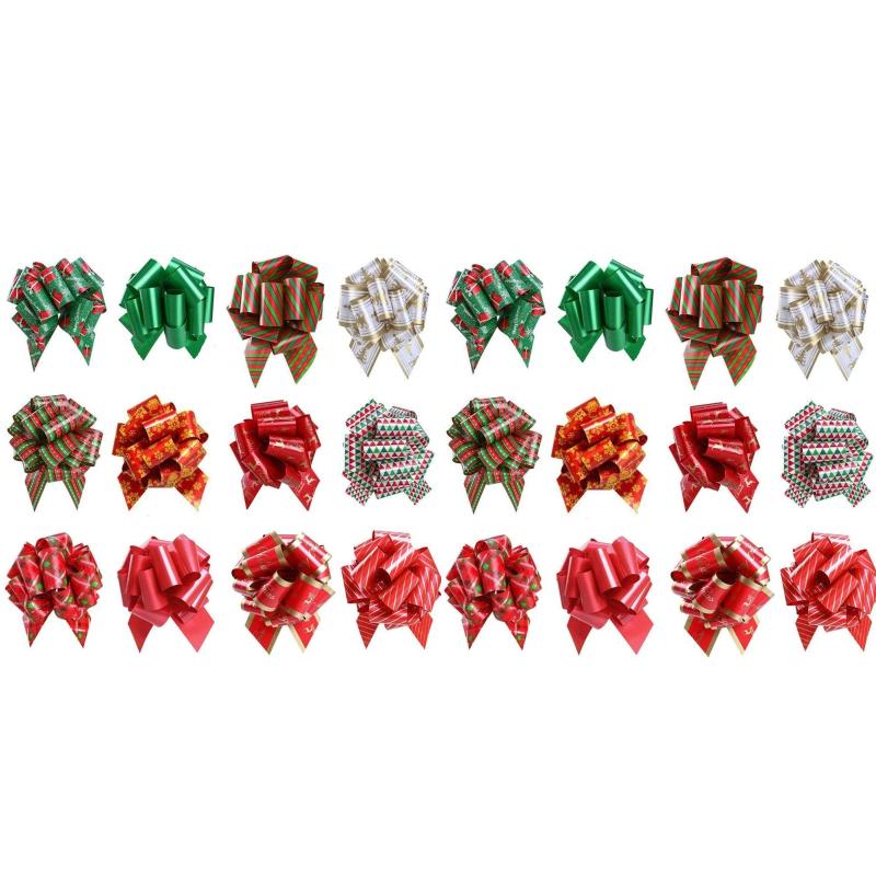 New 24/12PCS Christmas Pull String Bows Big 5 Inch Gift Bows Ribbon for Xmas Present Wrapping Florist Flower Basket Decoration