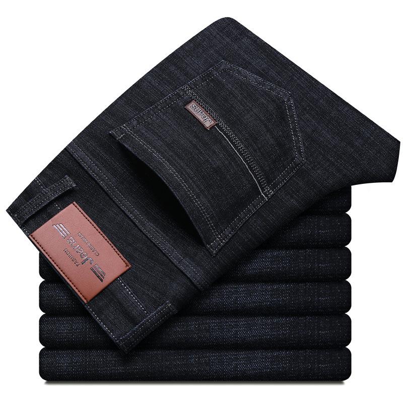 Winter Black Fleece-Lined Thickened Denim Trousers for Men Slim-Fit Straight Leg Stretch Casual Warm Versatile Trendy Trousers