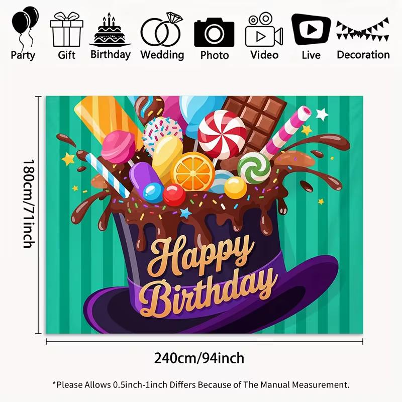 2D Candy Hat Happy Birthday Backdrop Willy Wonka Style Party Photo Background