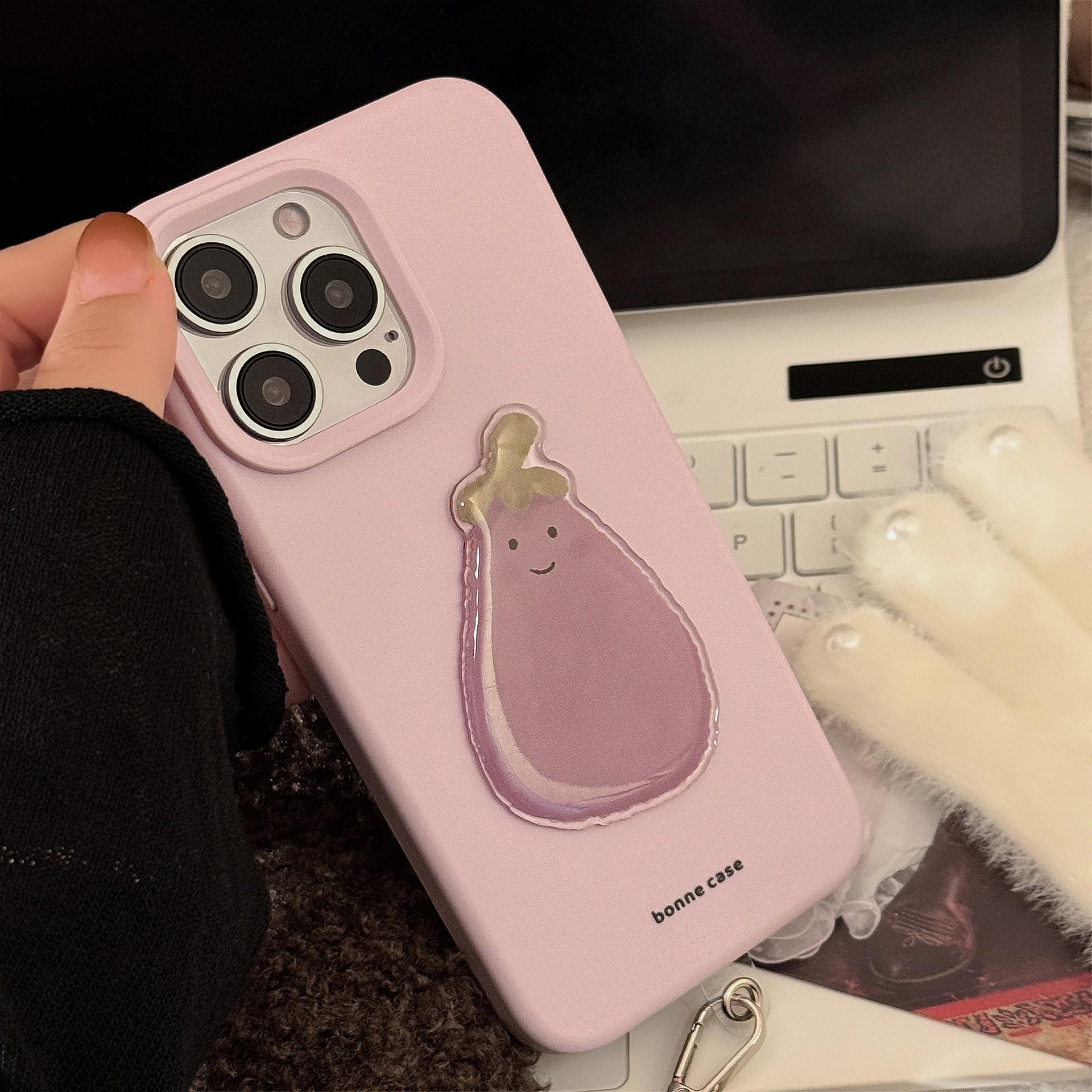 

Cute Eggplant Hand Rope for Apple 17 Phone Case 15promax Korean Style for IPhone 14 3D 13 Silicone 16 11