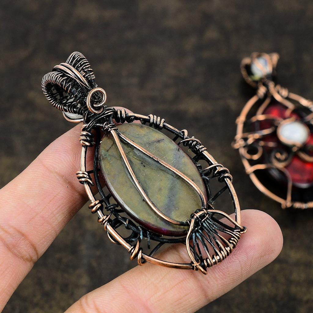 Natural Red Labradorite, Moonstone Gemstone Copper Wire Wrap Pendant 2.87" O5b07