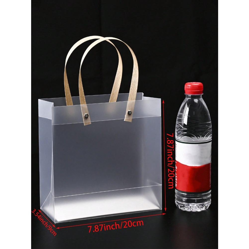 1pc Transparent Gift Bags with Handles, Reusable Plastic Bags with Brown Straw Handles, Translucent Frosted Gift Bags for Valentine's Day