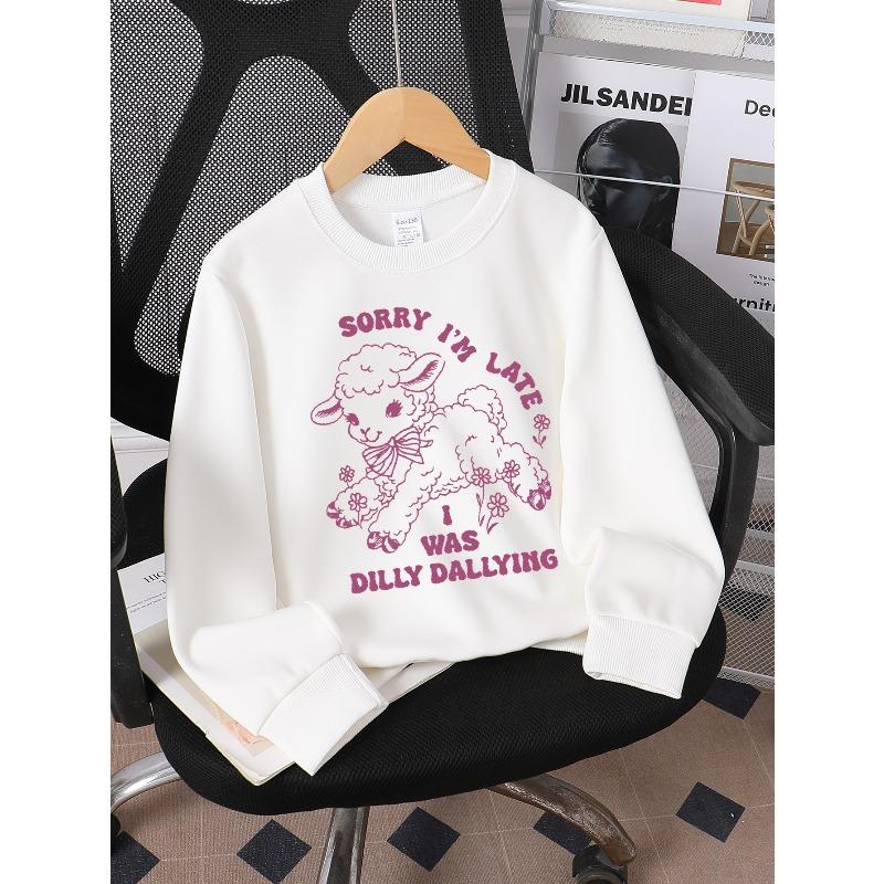 Kids Crewneck Sweatshirt, Sheep with Flowers and Bow Graphic Print, Soft Comfort Pullover 110 белый