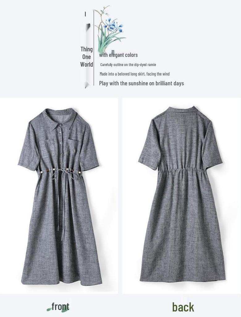 Elegant Summer Linen A-line Dress for Women - Fried Color Lapel, Lyocell Belted, Shirt Style