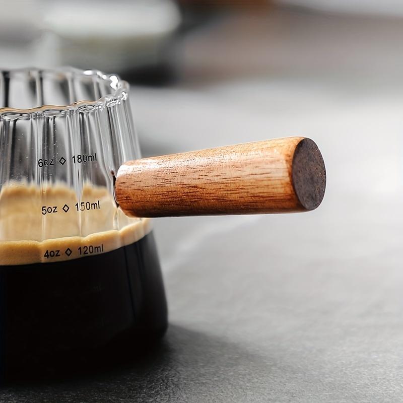 1pc Italian Style Glass Coffee Cup & Scaled Milk Jug,180ml Reusable Insulated Borosilicate Glass with Wooden Handle | Multipurpose for Coffee/Tea