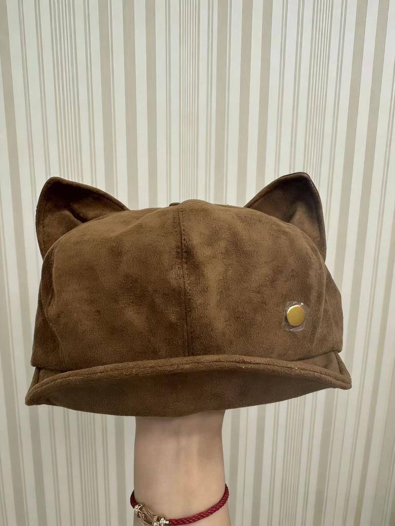 Cat Ear Beret Hat for Women, Autumn/winter New Face-flattering Small Vintage Faux Suede Octagonal Painter Newsboy Hat