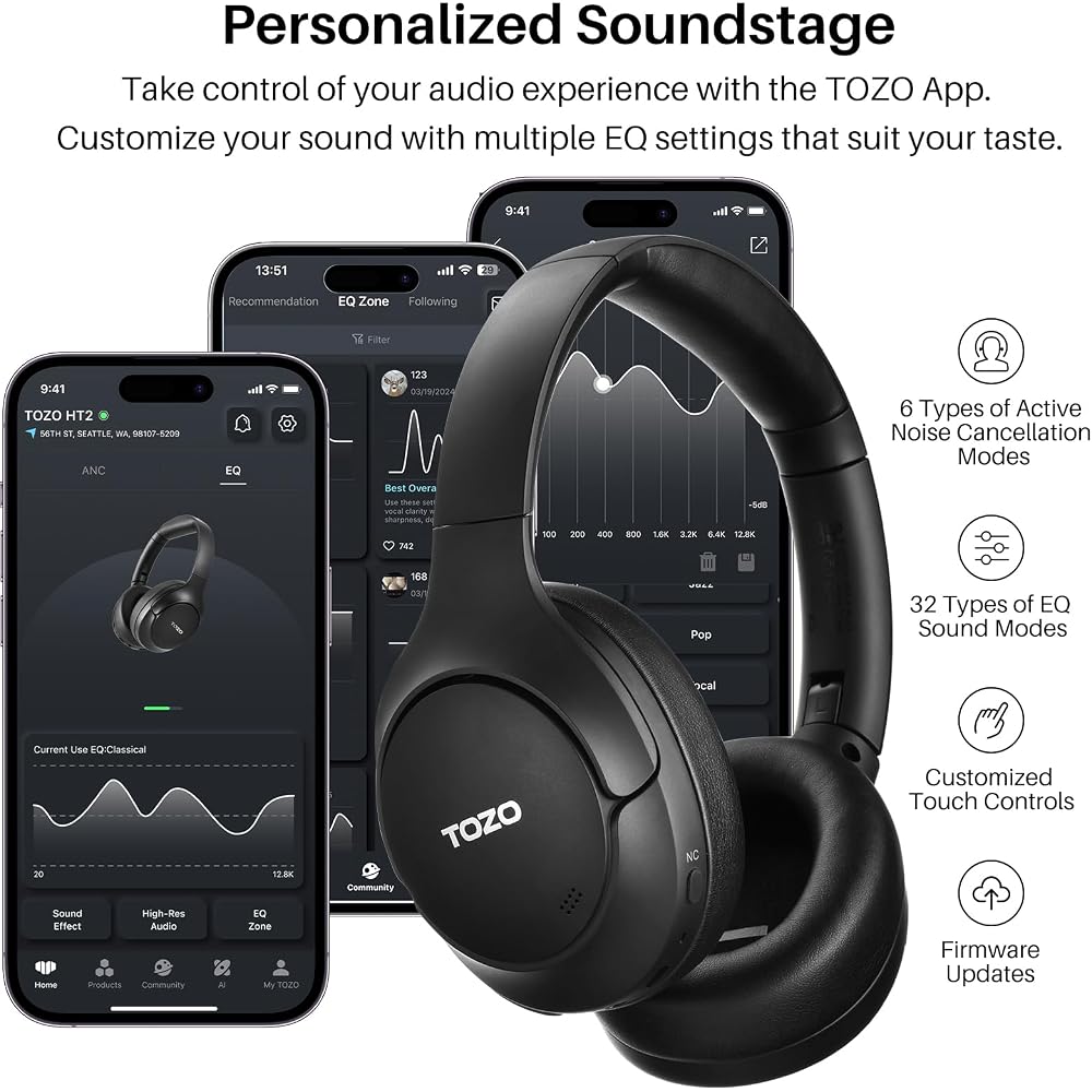 TOZO HT2 Wireless Headphones: Hi-Res Audio (Wired Hi-Res), 40mm Dynamic Drivers, Closed-Back, Foldable, Lightweight, Bluetooth 5.3, Wireless, Type-C &