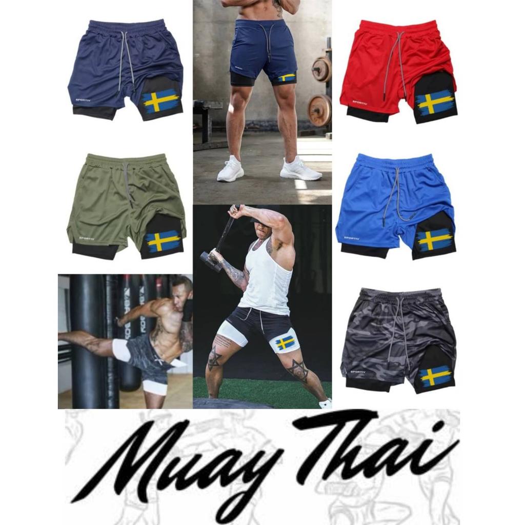 Sweden Flag Camouflage Muay Thai Kick Boxing Shorts Men Women Unisex Casual Sportswear Double Layer Quick Dry Training Sport Gym Fitness Workout