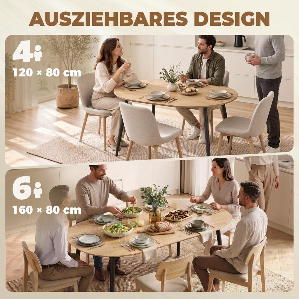 Extendable Dining Table 120 160 X 80 Cm Dining Room Table For 4 6 People With Country Style For Kitchen Dining Room Oak