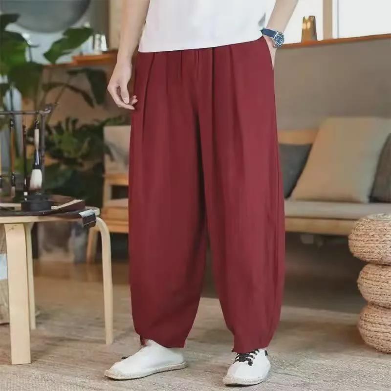 

Мужские летние свободные спортивные брюки из хлопка и льна с широкими штанинами и эластичным поясом 3XL [Suggested 165-180 lbs]