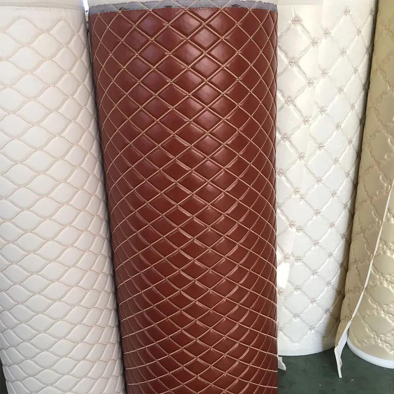 6mm Thick Sponge Quilted Faux Leather Fabric Embroidered Car Interior Material Embroidered Car Upholstery Trim Fabric 100x135cm