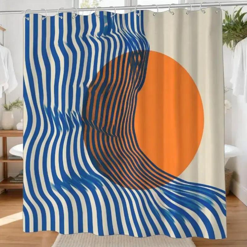 

Optical Illusion Shower Curtain – Blue & White Wavy Stripes With Orange Circle, 12 Hooks, Waterproof Retro Modern Decor W60H190(CM)-1 Pcs