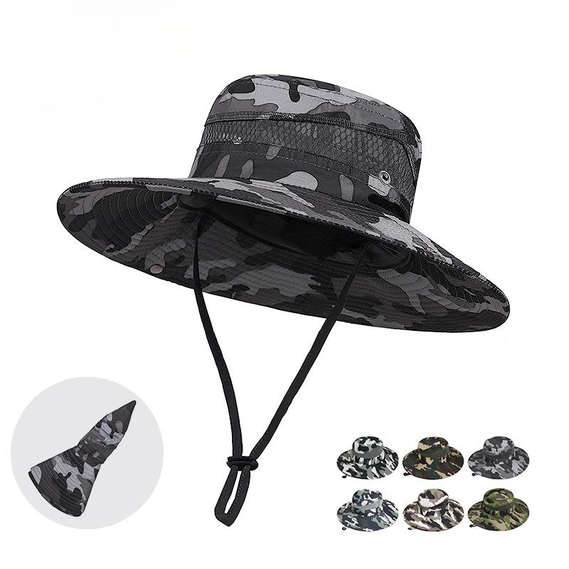 Spring and Summer Wide-brimmed Sunshade Hats for Men and Women Windproof Ropes Camouflage Outdoor Mountaineering Sun Protection Hats