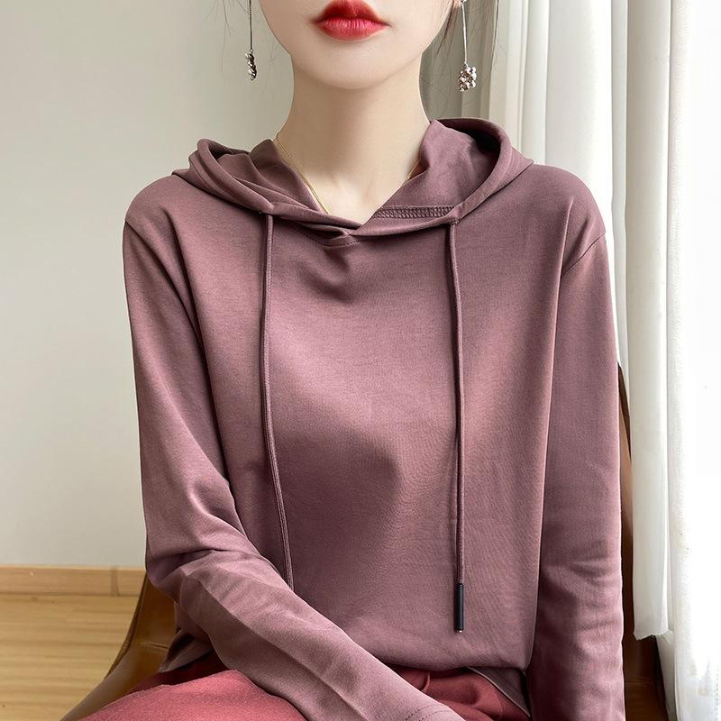 Women's Hooded Long Sleeve Sweatshirt Loose Fit Japanese Korean Casual Solid Color Cotton Spring Daily Versatile Layering Pullover Top