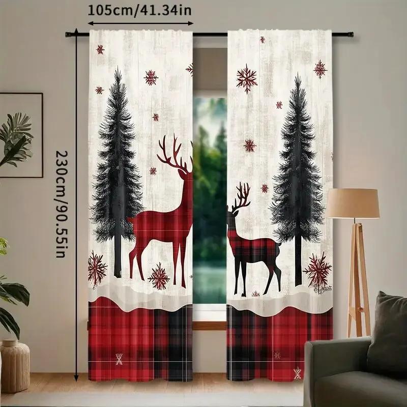 Set Of 2 Christmas Curtain Checkered Reindeer Tree Snowflake Print Curtains Home Decoration Room Made Polyester