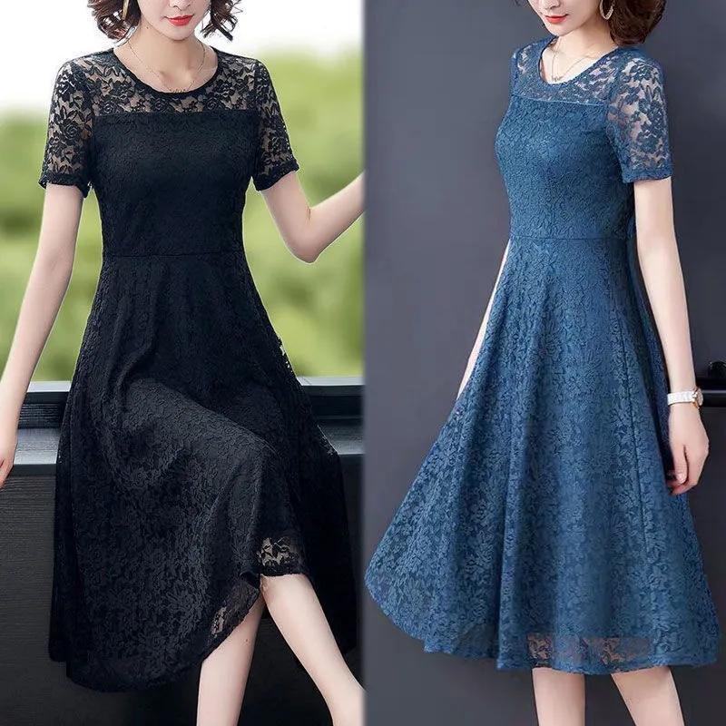 Sexy Lace Dress Women's Short Sleeve Summer Mid Length Dress Ladies Style Slim Dress Solid Color Casual Dress
