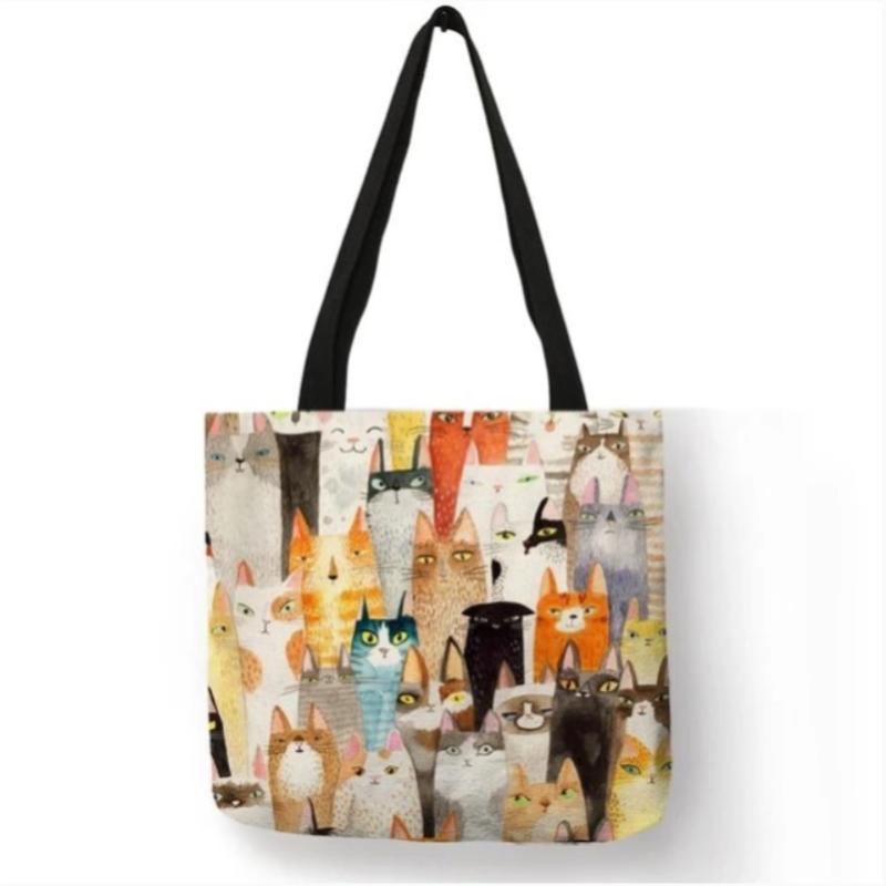 Niedliche Katze Bedruckte Damen Tragetasche Tote Einkaufstasche Lässige Reise Strandtasche Leinen Tragetasche mit Gedrucktem Logo