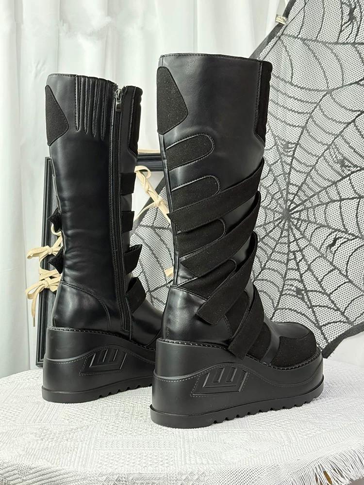 Schwarze Plateau Goth Stiefel für Damen Klobiger Absatz Schnürung Schnallenriemen Ideal für Punk/Rave Outfits Reißverschluss an der Seite Damen Trendige Mode
