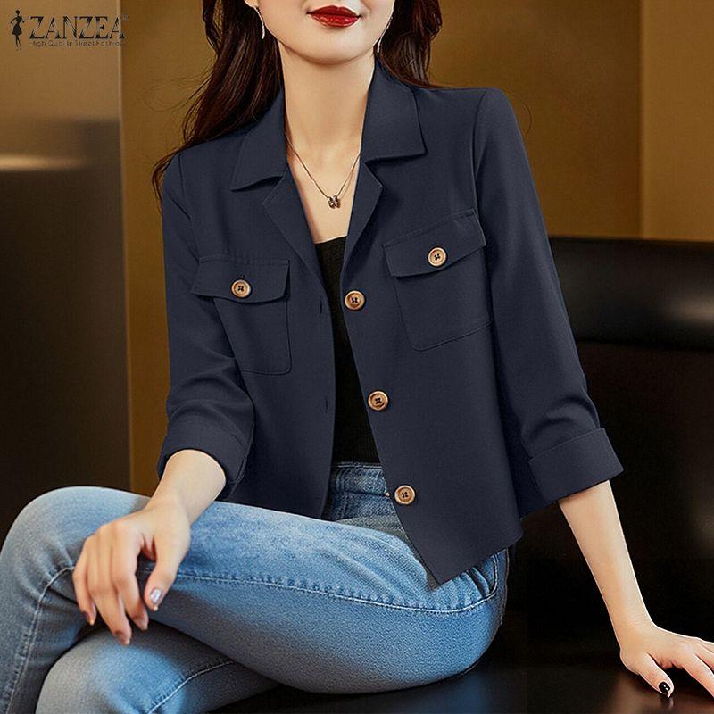 ZANZEA Women Casual Turn Down Collar Solid Color 3/4 Sleeve Cardigan Blouse