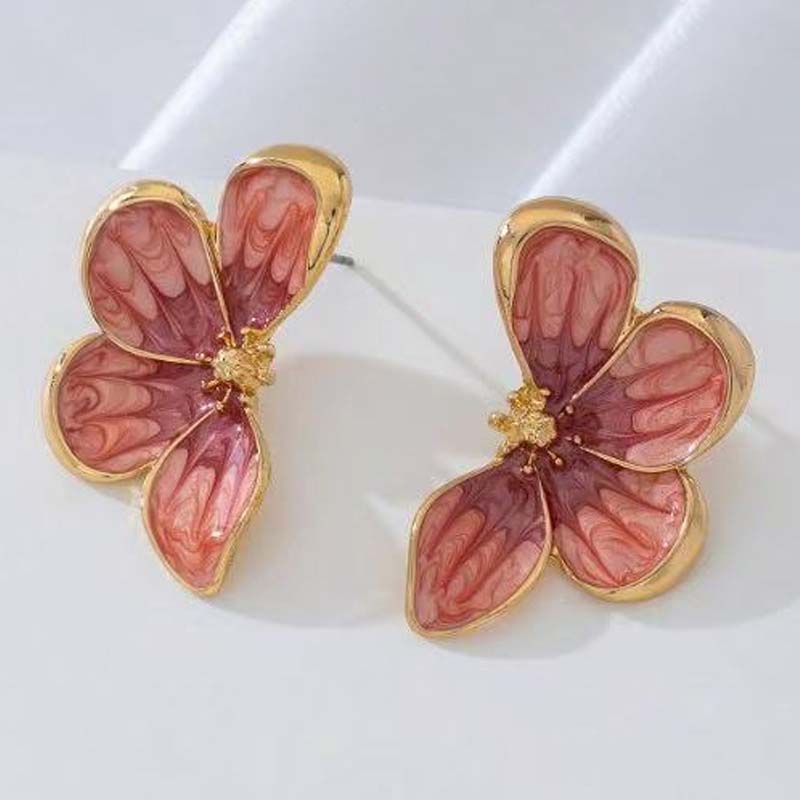 Vintage Colorful Enamel Drip Oil Flower Stud Flower for Women Elegant Metal Four Petal Floral Temperament Earrings Zircon красный