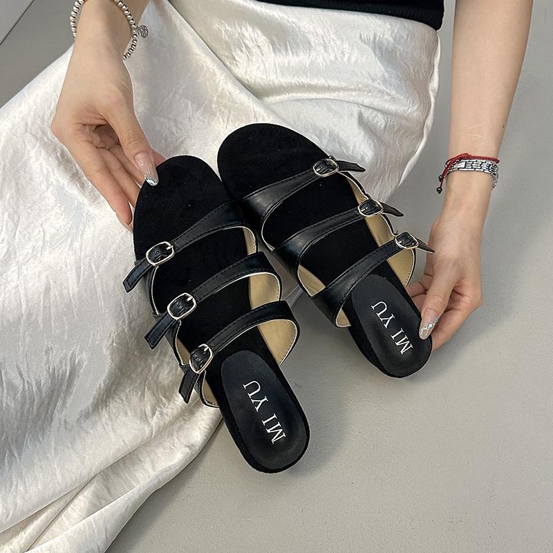

Fashion Summer New Style Women Fashion Belt Buckle Flat Casual Outdoor Sandals Beach Thick Bottom Leather Slippers Metal Buckle Slippers 40 чёрный