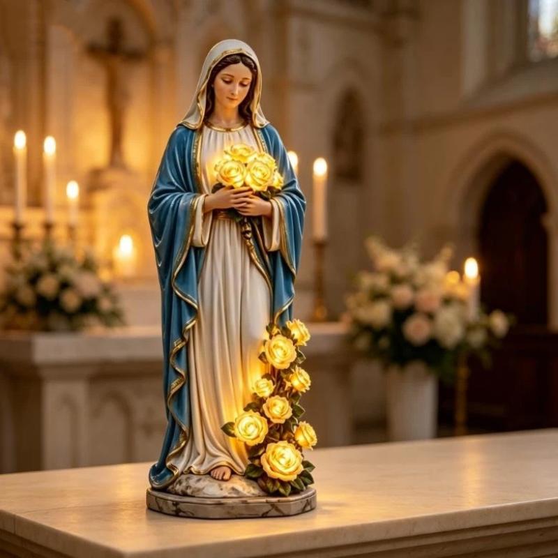Estatua de María de Resina 1 Pieza con Rosas Amarillas Iluminadas por LED Figura Pintada a Mano para Altar Pequeño Montaje Religioso en Casa