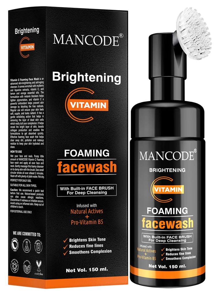 MAN CODE Vitamin C Foaming Face Wash | With Built In Brush Face Wash For Men | Brightens Skin Tone | Reduces Fine Lines | Smoothens Complexion | No