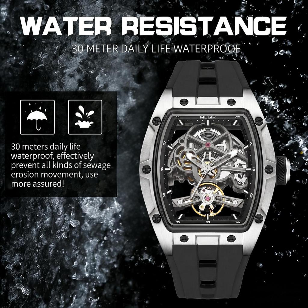 Megir Luxusmarke Sportuhr für Herren Silikonarmband Mechanische Uhren Skelett Vollautomatisches Uhrwerk Leuchtende Armbanduhr Uhr 2242