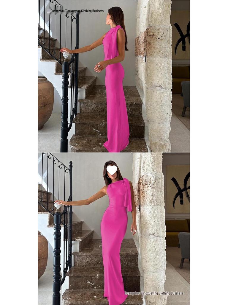 Women's Elegant One-Shoulder Summer Dress - Solid Color Draped Fashion