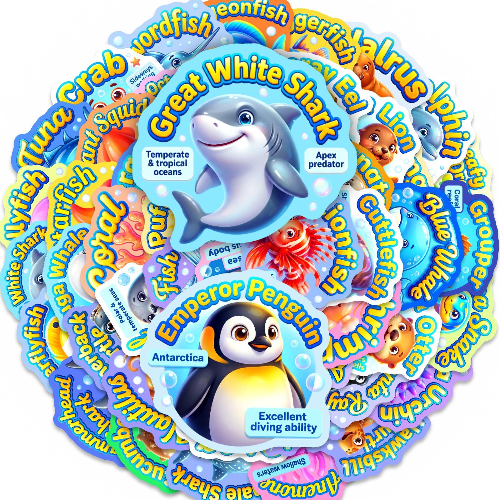 

50 Fun Underwater World Stickers Cute Cartoon Animal Stickers Suitcase Waterproof Decorative Stickers