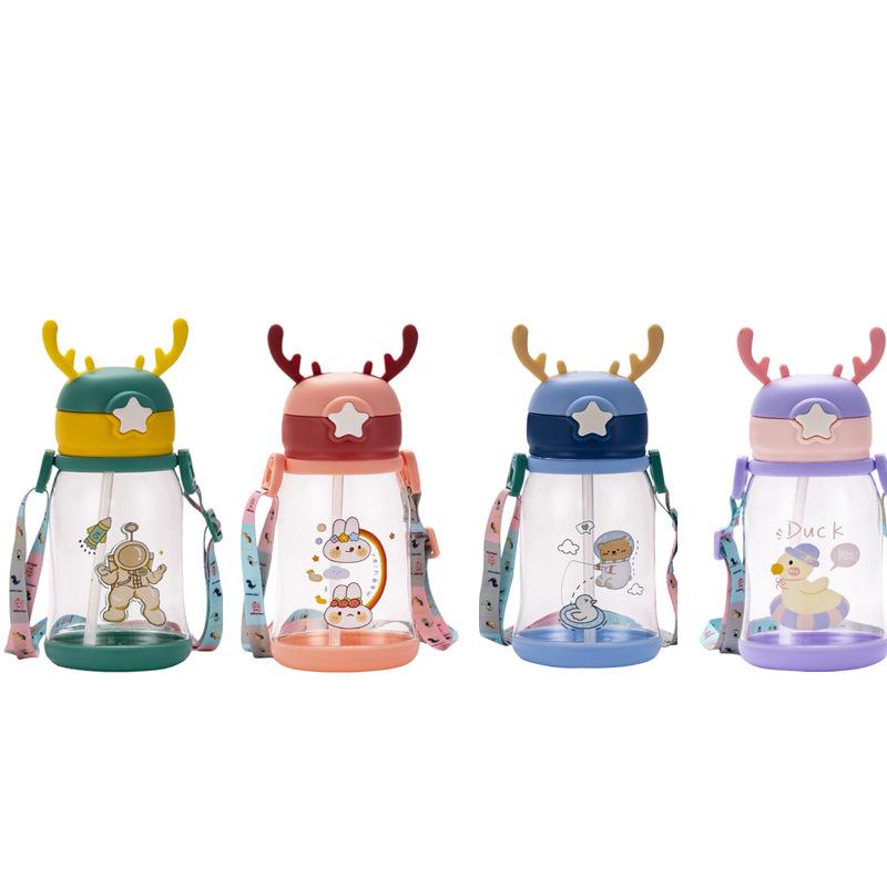 Children's Cartoon Antler Straw Cup - Portable Summer Outdoor Plastic Water Cup with Strap