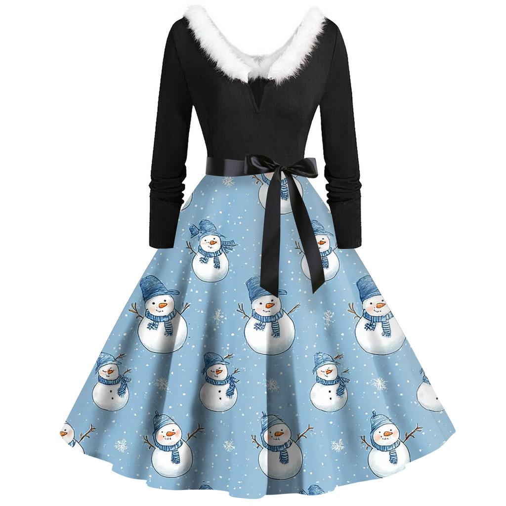 Juletrykk Flare Kjole For Dame Langermet Kjole Hule Fest Casual Kjoler