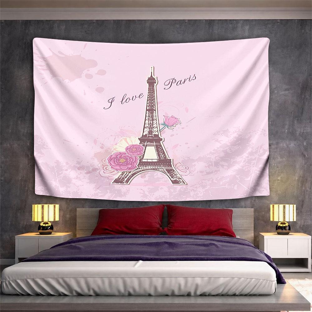 I Love Paris Eiffel Tower Tapestry Wall Hanging Romantic Pink Watercolor Decor for Bedroom Living Room Dorm Room Gift