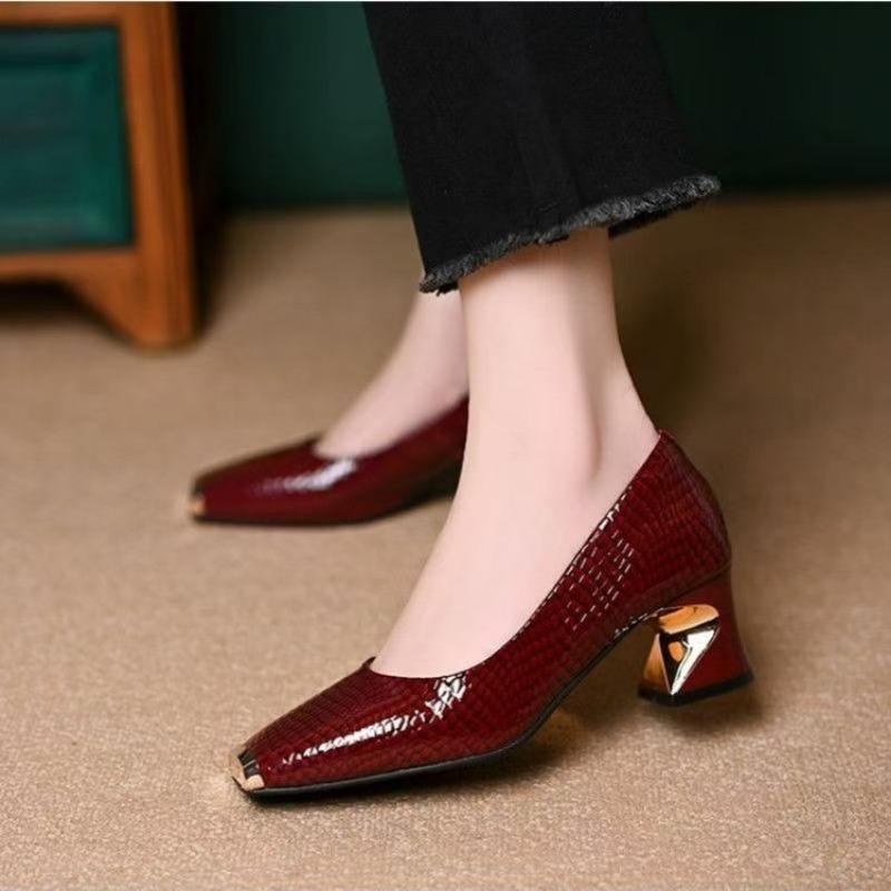Snake Pattern Square Head Thick Heel Women's Shoes Summer New Retro Temperament Single Shoes Women's Versatile Casual Light Mouth High Heels