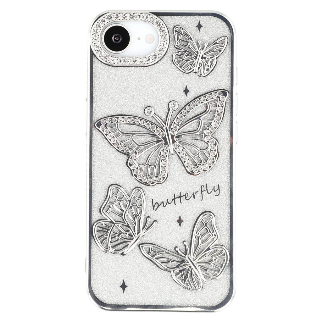 For iPhone 16e Case Rhinestones Decor 3D Butterfly TPU Phone Cover with Glitter Paper