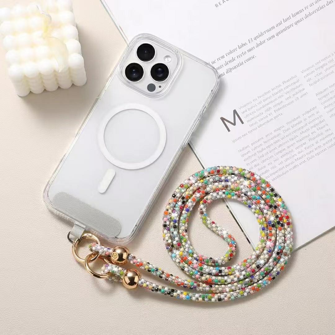 

60cm Crossbody Phone Lanyard Strap with Tether Tab Cell Phone Strap Plastic Pearls Rhinestone Decoration Mult Color Silver