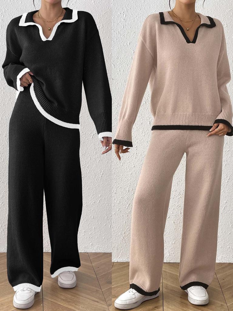Women S Two Piece Set Polo Neck Long Sleeve Sweater And Wide Leg Pants