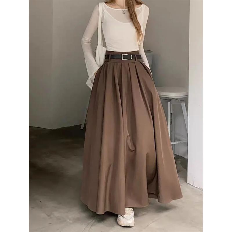 Women High Waist Jupe Korean Pleating Swing Skirt Vintage Fashion Spring Office Falda Holiday Loose Solid Long Skirt