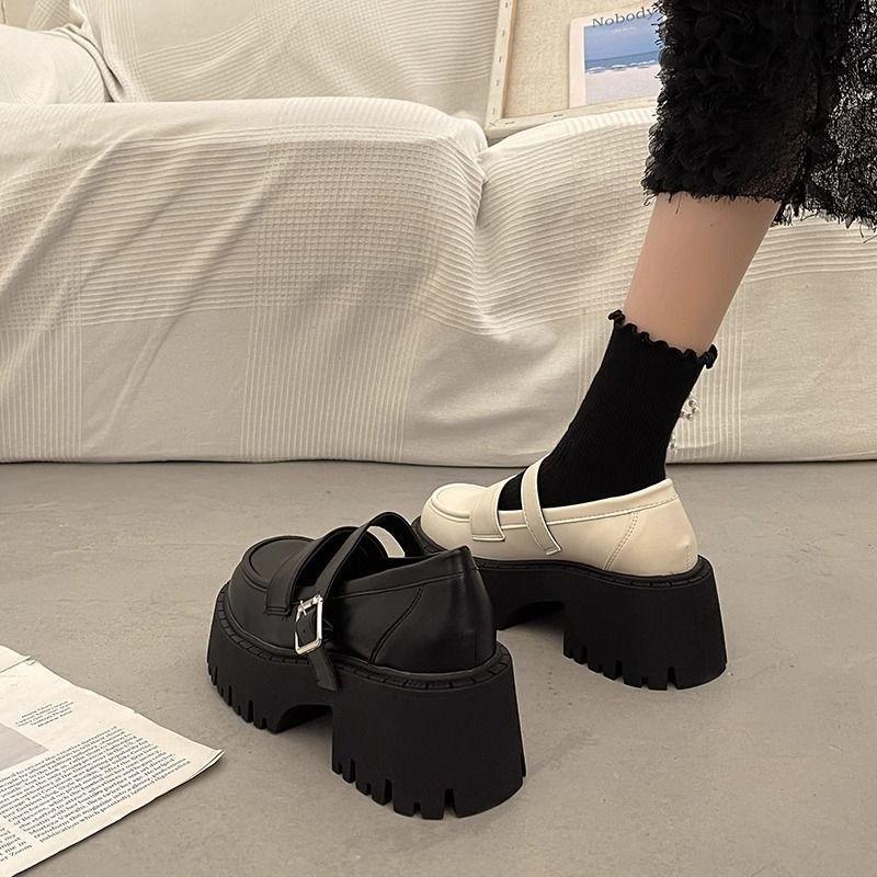 Plateauschuhe aus Leder im britischen Stil für Damen, schwarz, dicker Absatz, High Heels, Jane, Einzelschuhe, Halbschuhe