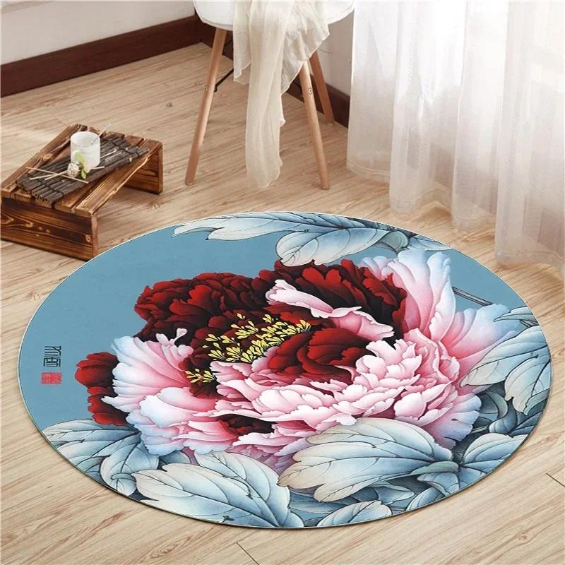Lotus Flower Round Carpet Living Room Bedroom Yoga Mat Rugs Chinese Style Retro Non-slip Chair Mat Home Decoration Floor Mats