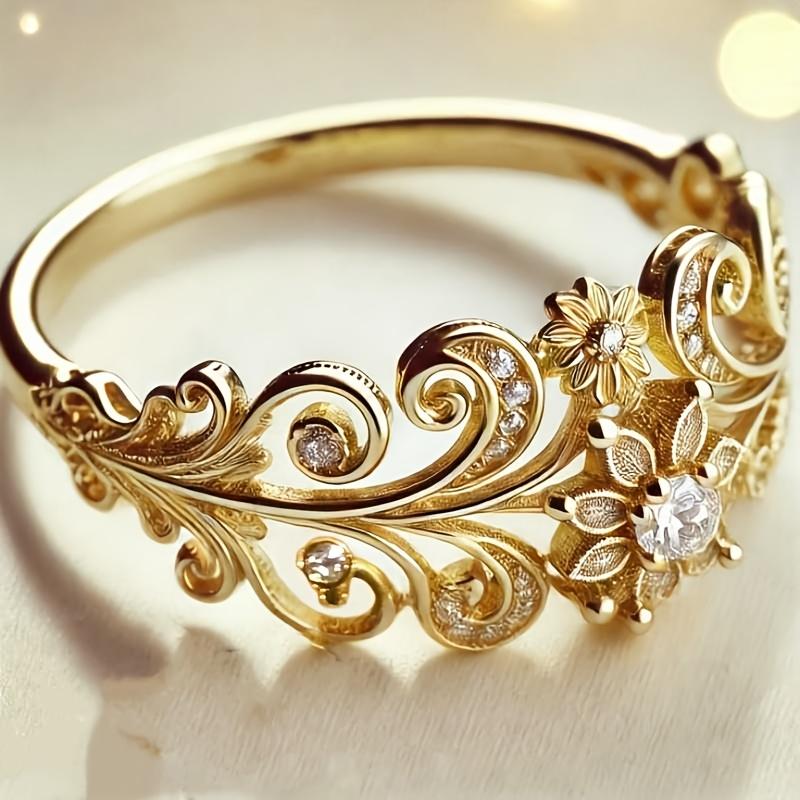 Golden Retro Floral Pattern Inlaid with Circular Synthetic Zircon Ring for Women To Wear Daily Yanhui Jewelry Accessories Gifts