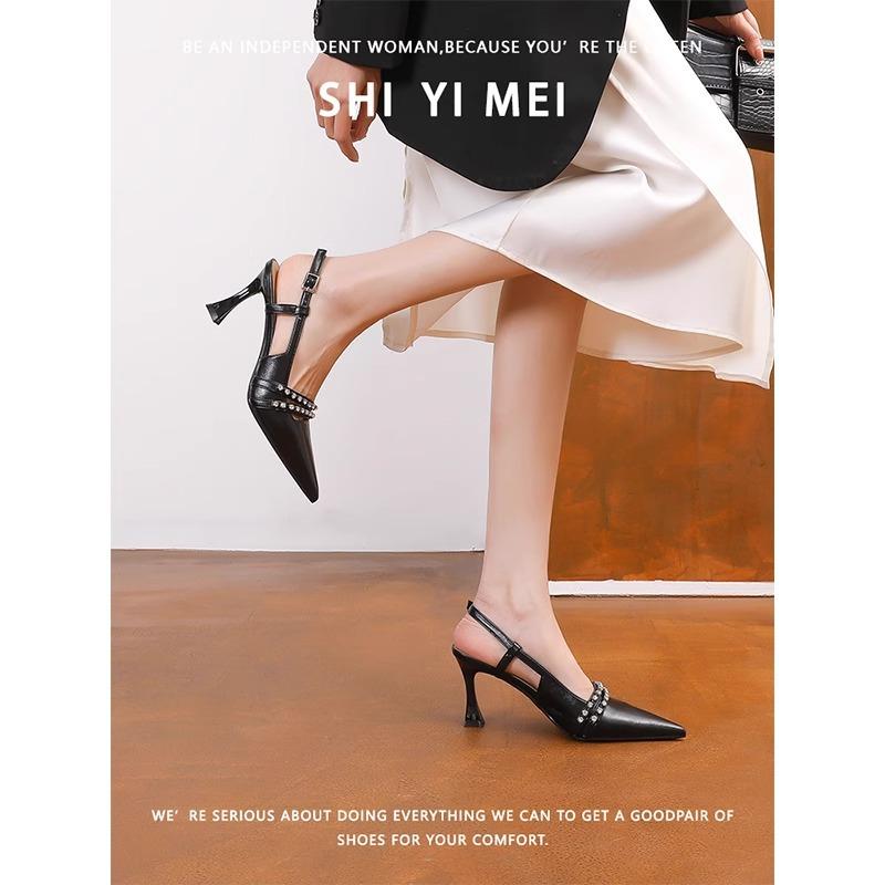 

Серебристые туфли на высоком каблуке для женской летней верхней одежды 2025 новые красивые кожаные сандалии с ремешком через подъем, с острым носком, на тонком каблуке, с сумкой-головой и стразами 34