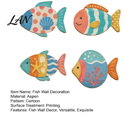 Coastal Wall Art Decor 4PCS Aspen Wood Fish Decor, Colorful Hanging Vintage Distressed Sculptures Art, Beach Theme Decorative Plaques for Bathroom