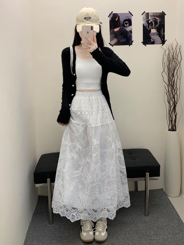 Spring/Summer Lace Crochet Dress: Women's Retro High-Waist A-Line Skirt with Embroidery