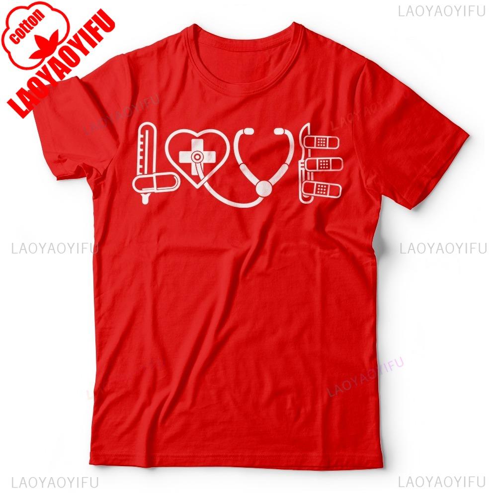 Nurse Doctor Medical LOVE Sign Student T-shirt Stethoscope Pattern Unisex T Shirt Men Women Fashion Crewneck Cotton Tee Tops