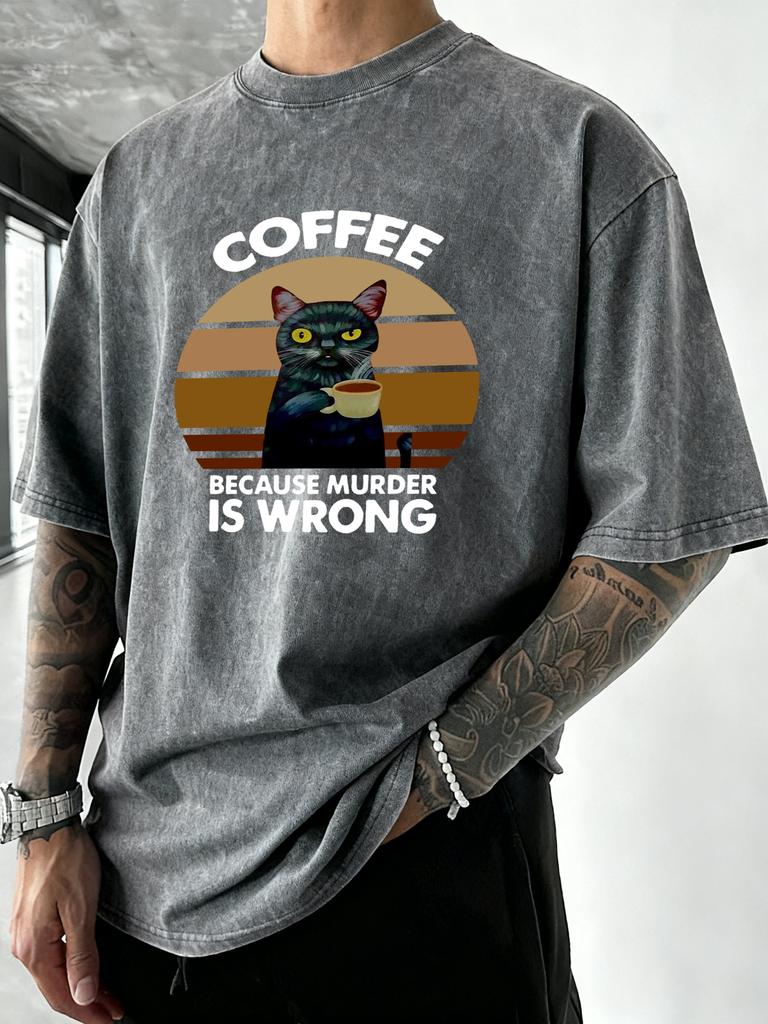 Cat Like Drink Coffee Printed Men Washed TShirt Cotton Summer T Shirts Vacation Oversized Streetwear Soft Casual Clothes
