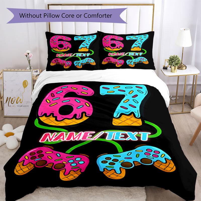3PC Custom Name Donut Game Controller Art Bedding Set Printed Bedding Set Duvet Cover Closure Includes 1 Duvet Cover & 150 Pillowcases for Bedroom