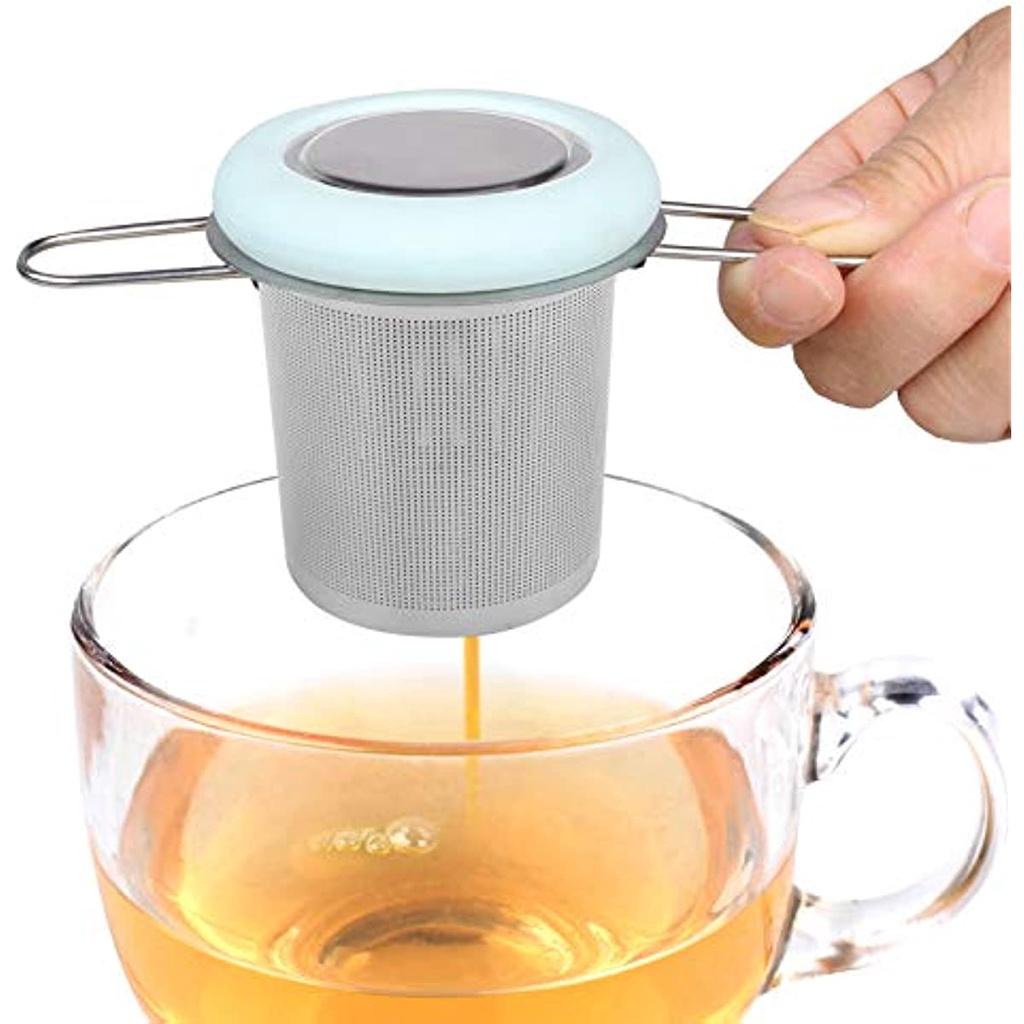 Infusore per Tè in Acciaio Inossidabile con Manico Pieghevole-Filtro per Tè a Maglia Super Fine con Coperchio per Tè Sfuso (Azzurro)