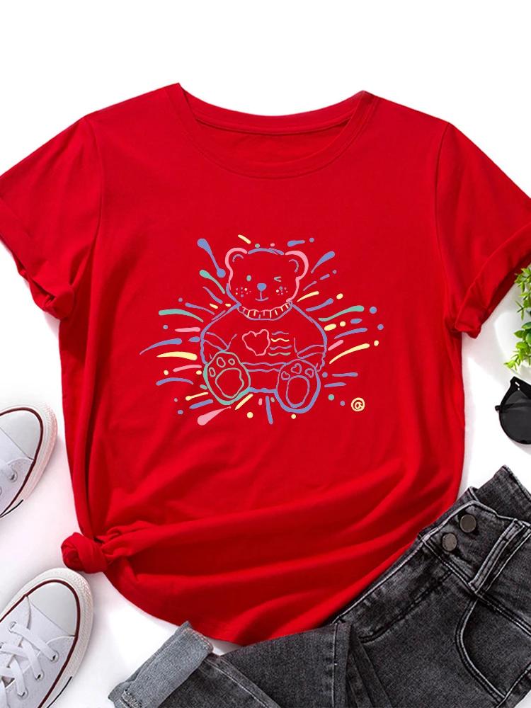 Colorful Fireworks Bear Print T Shirt Women Short Sleeve O Neck Loose Tshirt Summer Women Tee Shirt Tops Camisetas Mujer